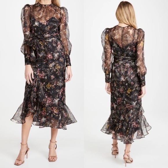 Cinq A Sept Dress Marianne Floral Silk Organza Tie Wedding Black Multi 0 NWT - Picture 12 of 12